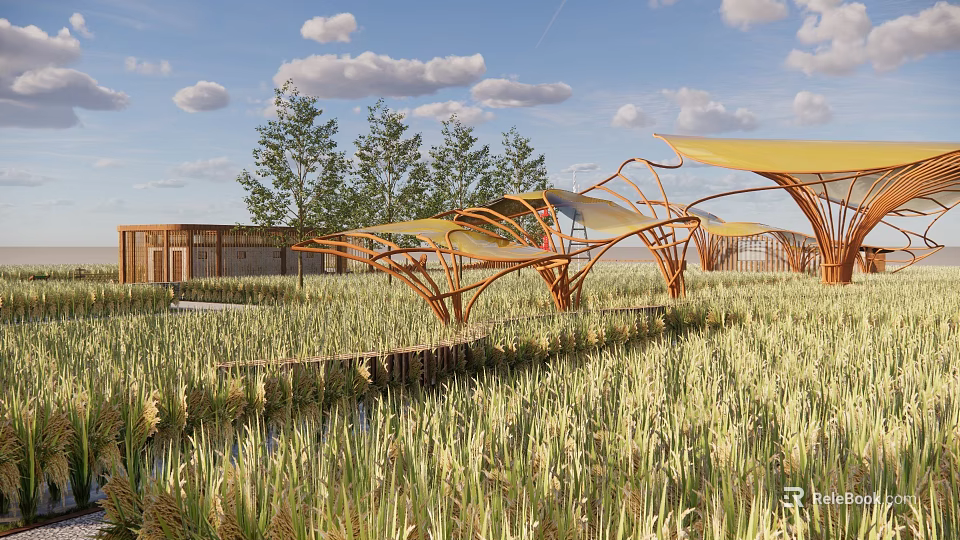 Scenic Rural Landscape With Vast Green Grassland Modern Wooden Pavilions Yellow Canopies And Blue Sky 3d model 