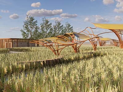Scenic Rural Landscape With Vast Green Grassland Modern Wooden Pavilions Yellow Canopies And Blue Sky 3d model