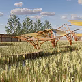 Scenic Rural Landscape With Vast Green Grassland Modern Wooden Pavilions Yellow Canopies And Blue Sky