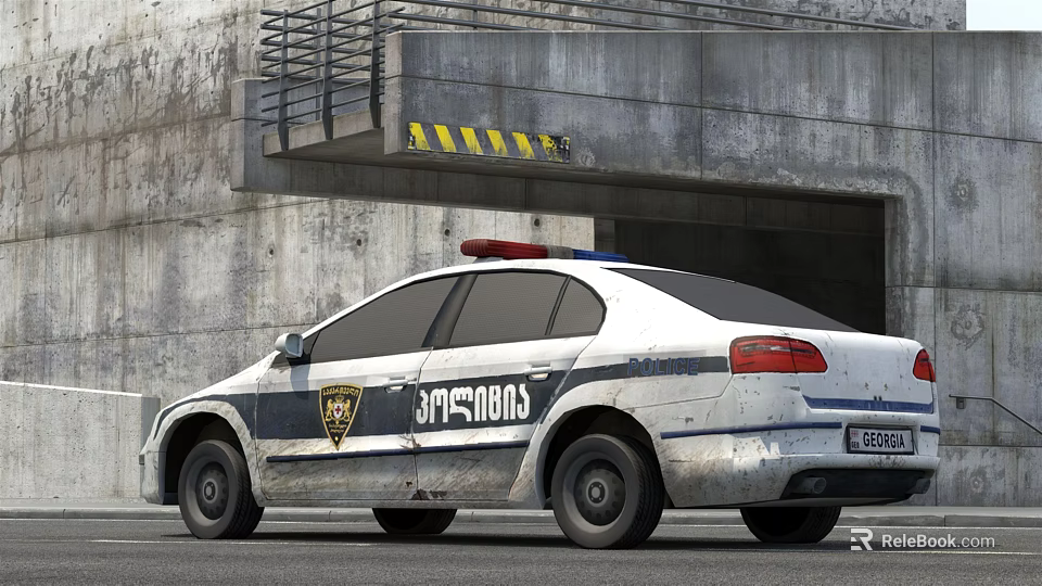 White Police Car With Red Blue Lights And Police Logo Parked Near Concrete Structure 3d model 