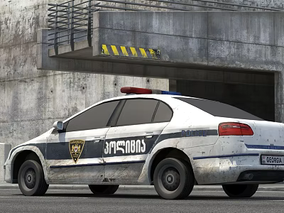 White Police Car With Red Blue Lights And Police Logo Parked Near Concrete Structure 3d model