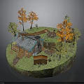 Miniature Natural Landscape With Log Cabin Orange Green Trees Wooden Bridge And Grass