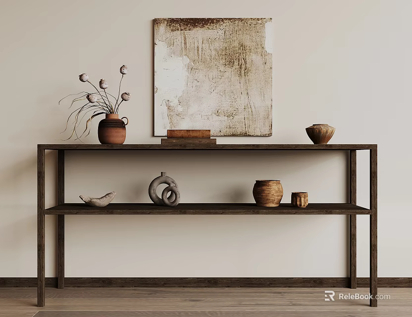 Natural Wooden Entryway Console Table With Wall Painting Clay Pot And Small Bowls 3d model 