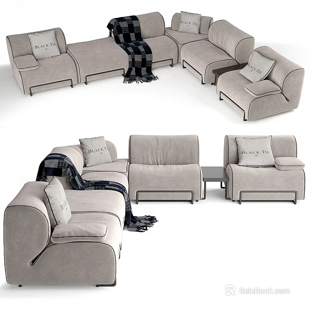 Modern Light Gray Sectional Sofa Interior Design With Throw Pillows And Cozy Blanket 3d model