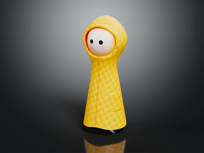 Yellow Checkered Raincoat Doll With White Face And Black Eyes Standing On Reflective Black Background 3d model