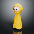 Yellow Checkered Raincoat Doll With White Face And Black Eyes Standing On Reflective Black Background