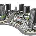 Modern Commercial Complex With High Rise Buildings Open Plaza And Waterfront Greenery