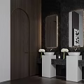 Modern Bathroom With Double Washbasins Dark Marble Wall Backlit Mirrors And White Flowers