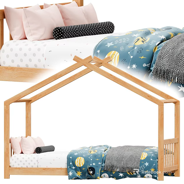 Wooden Frame Kids Bunk Bed With Pink Pillows And Star Moon Pattern Bedding 3d model 