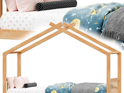 Wooden Frame Kids Bunk Bed With Pink Pillows And Star Moon Pattern Bedding 3d model