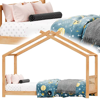 Wooden Frame Kids Bunk Bed With Pink Pillows And Star Moon Pattern Bedding 3d model