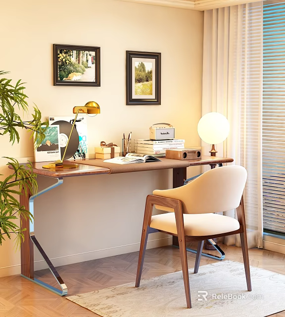 Cozy Wooden Desk Room Interior With Golden Lamp Green Plant Beige Chair And Framed Paintings 3d model 