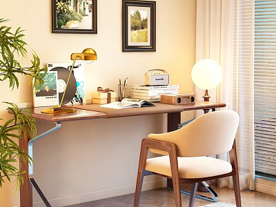Cozy Wooden Desk Room Interior With Golden Lamp Green Plant Beige Chair And Framed Paintings 3d model