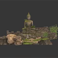 Modern Landscape Design Featuring Ancient Buddha Statue Ruins Stone Moss And Plants