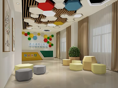 Kindergarten Activity Center With Colorful Hexagonal Ceiling And Stools Bright Environment 3d model