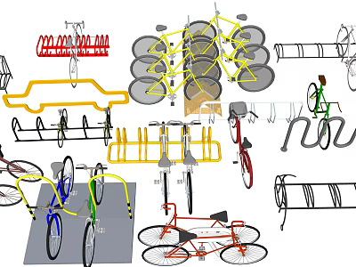 Multiple Types Of Bicycle Racks Featuring Colorful Bikes And Various Designs 3d model