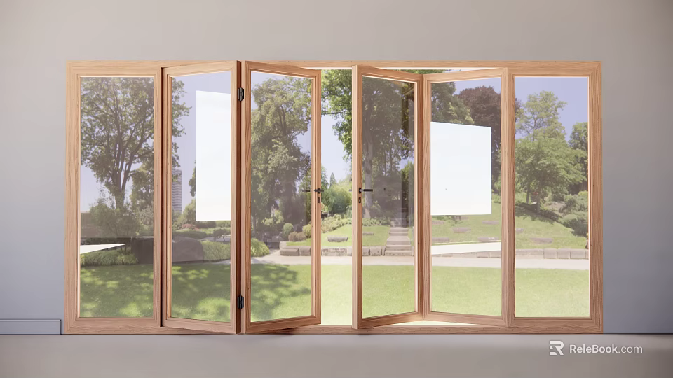 Open Glass Folding Doors With Wooden Frames Connecting Indoor And Outdoor Garden View 3d model 