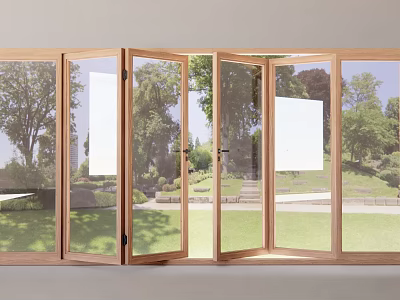 Open Glass Folding Doors With Wooden Frames Connecting Indoor And Outdoor Garden View 3d model