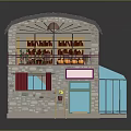 Charming Stone Building With Pink Roof Blue Greenhouse Balcony Plants Windows And Ladder