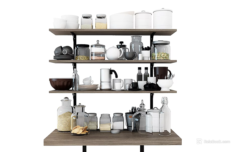 Essential Kitchenware Arranged on Multi Tier Shelves with Jars Bowls Mugs Coffee Maker and Knives 3d model 