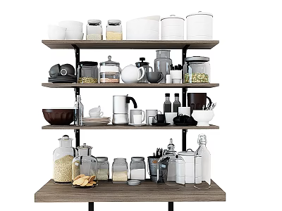 Essential Kitchenware Arranged on Multi Tier Shelves with Jars Bowls Mugs Coffee Maker and Knives 3d model