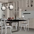 Elegant Modern Dining Room Interior With Pendant Lights White Cabinets And Patterned Chairs