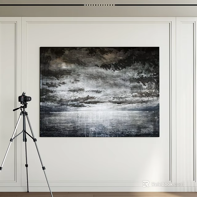 Abstract Painting with Black White Gray Tones Textured Artwork Hanging on White Wall 3d model 