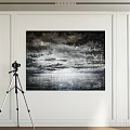 Abstract Painting with Black White Gray Tones Textured Artwork Hanging on White Wall