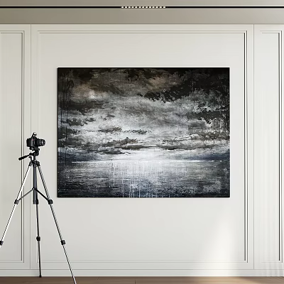 Abstract Painting with Black White Gray Tones Textured Artwork Hanging on White Wall 3d model