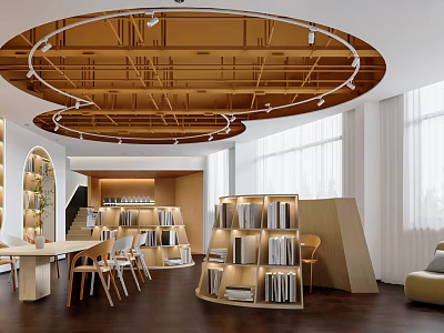 Book Art Inspired Modern Interior With Circular Ceiling Lighting Wooden Bookshelves And Reading Tables 3d model