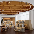 Book Art Inspired Modern Interior With Circular Ceiling Lighting Wooden Bookshelves And Reading Tables
