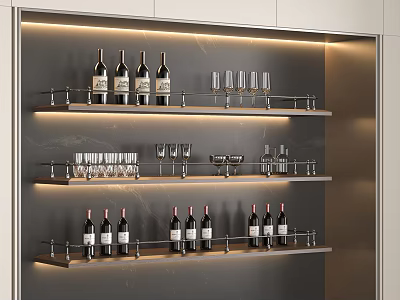 Modern Wine Rack With Multiple Shelves Holding Wine Bottles And Wine Glasses 3d model