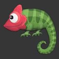 Cute 3D Cartoon Chameleon With Big Eyes Green Checkered Body Red Head And Curled Tail