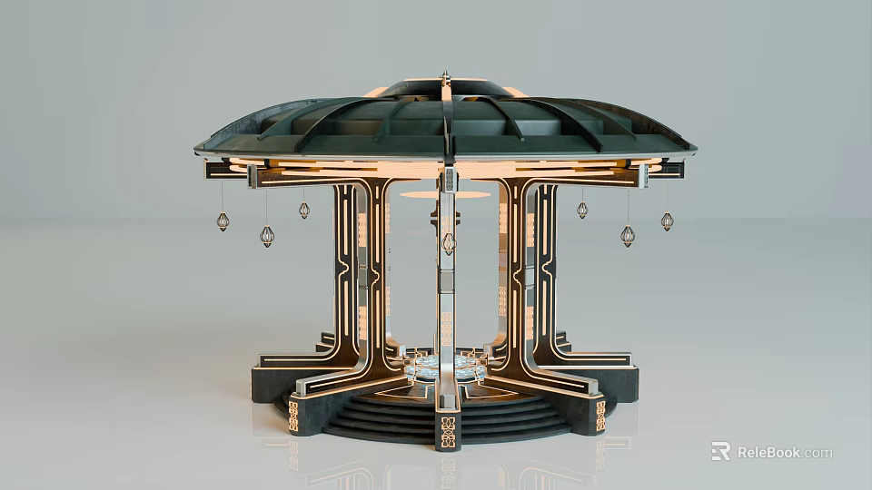 Modern Circular Architectural Structure With Black Gold Frame Steps And Hanging Ornaments 3d model 