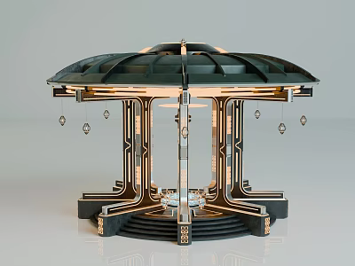 Modern Circular Architectural Structure With Black Gold Frame Steps And Hanging Ornaments 3d model