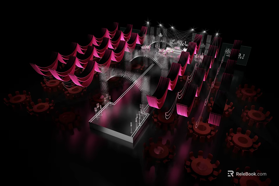 Elegant Stage Design With Pink Draperies Lighting Red Seats And Modern Styling 3d model 