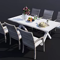 White Dining Table Set With Six Wicker Chairs Vase Flowers Fruit Hat Drinks Decor 3d model