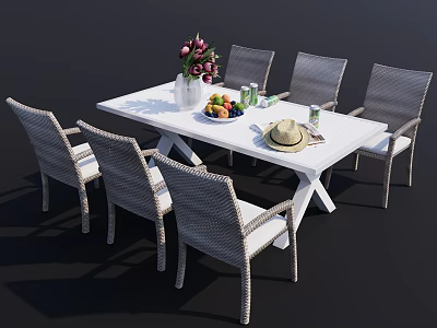 White Dining Table Set With Six Wicker Chairs Vase Flowers Fruit Hat Drinks Decor 3d model