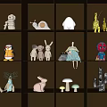 Various Decorative Dolls With Animal And Plant Designs Arranged On Illuminated Black Shelves
