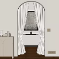Elegant Interior With Beige Curtains Lace Trim Decorative Painting And Wall Shelf