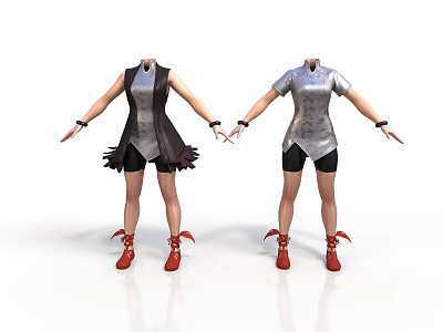 Women Fashion Outfits With Sleeveless And Short Sleeve Tops Black Shorts Red Boots 3d model