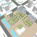 Modern High Rise Office Buildings Featuring Sleek Architectural Design Green Spaces And Urban Roads