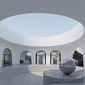 Modern Reception Interior With Circular Skylight Arched Windows White Walls And Silver Spherical Sculpture