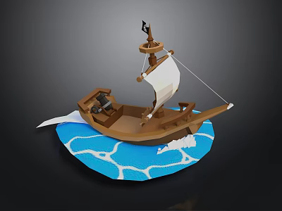 Decorative Pirate Ship Model with Brown Hull White Sail Black Flag and Blue Wave Base 3d model