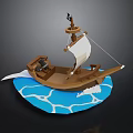 Decorative Pirate Ship Model with Brown Hull White Sail Black Flag and Blue Wave Base