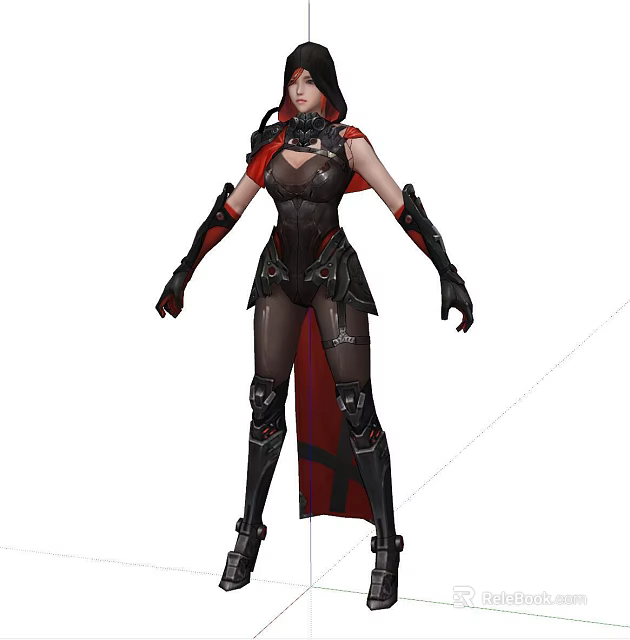 Game Movie Character In Black Leather Outfit With Red Cape And Armor Details 3d model 