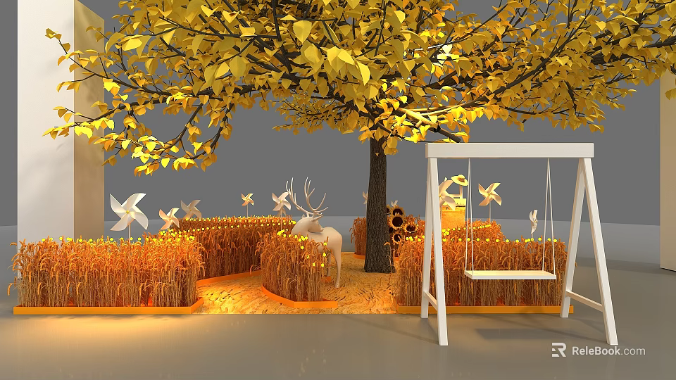 Autumn Themed Art Installation With Golden Leaf Tree Hay Bales Deer Sunflowers Windmills And Swing 3d model 