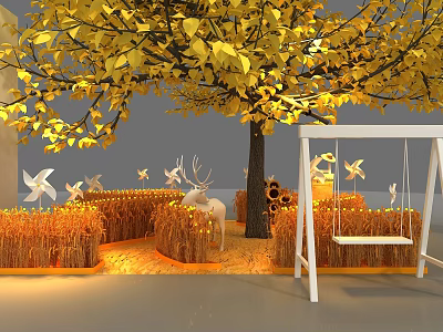 Autumn Themed Art Installation With Golden Leaf Tree Hay Bales Deer Sunflowers Windmills And Swing 3d model