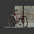 Red Bicycle Leaning Against Brick Wall And Lamp Post On Sidewalk