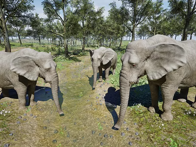 Reptiles Exploring Grassland Area With Trees And Shallow Water Puddles 3d model